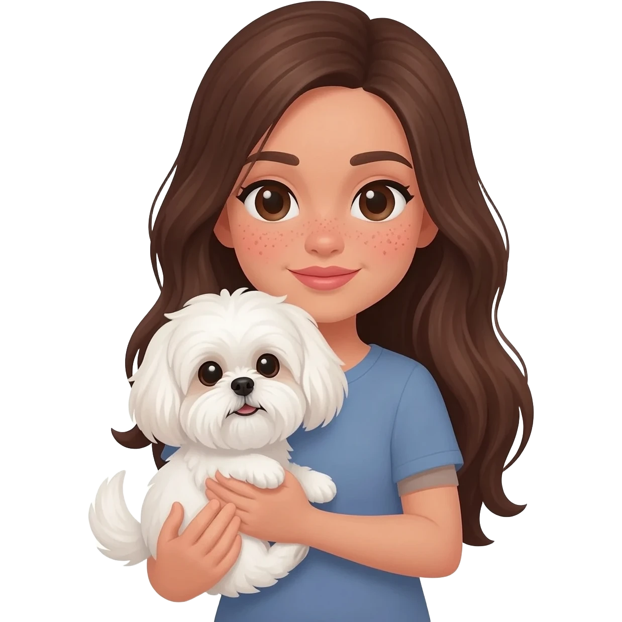 Tan Brunette girl with long hair and beauty spots under her lip and below her eyes, holding white shih tzu emoji