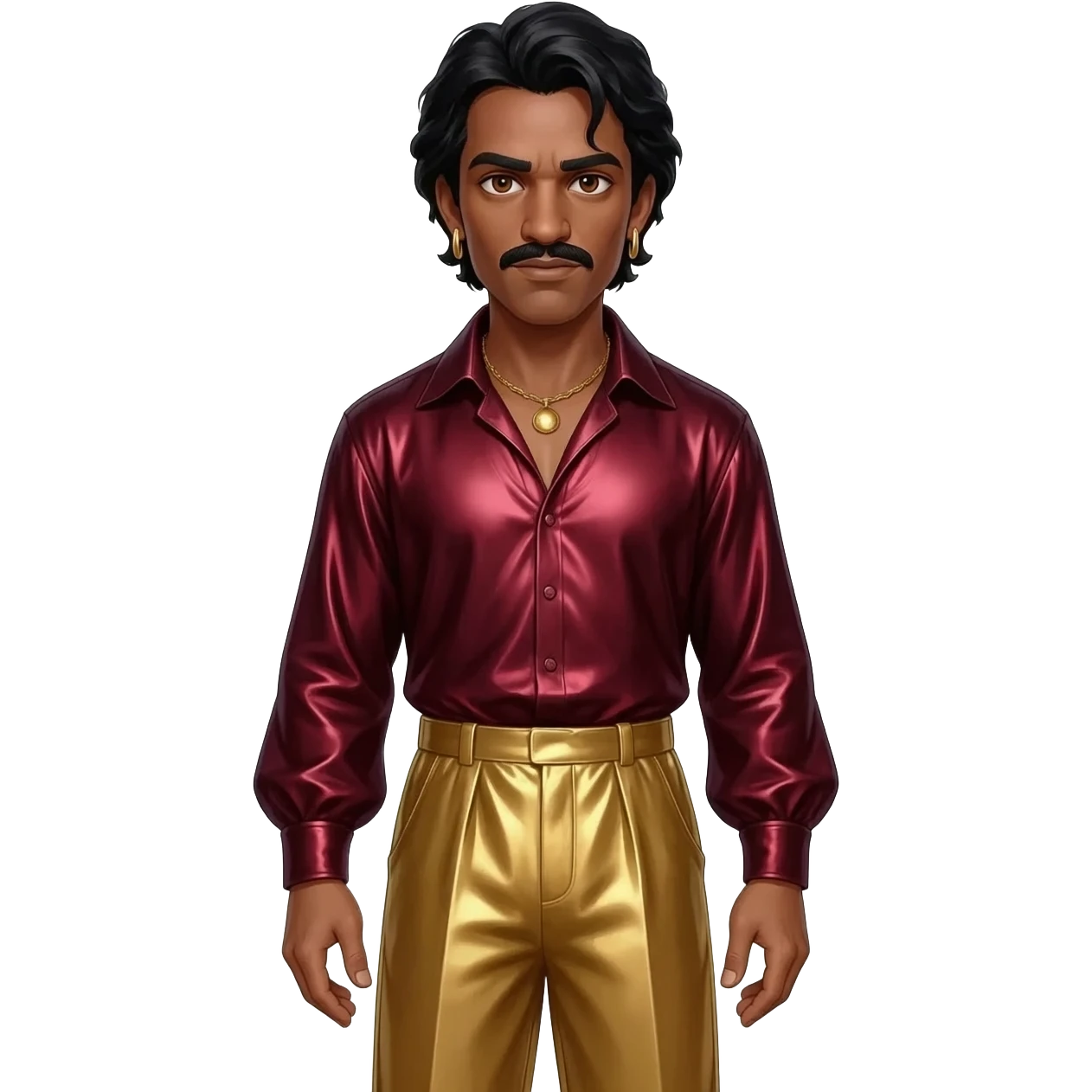 Othello from Othello with dark brown eyes, black hair, dark red metallic shirt, gold metallic baggy pants, gold necklace and earrings emoji