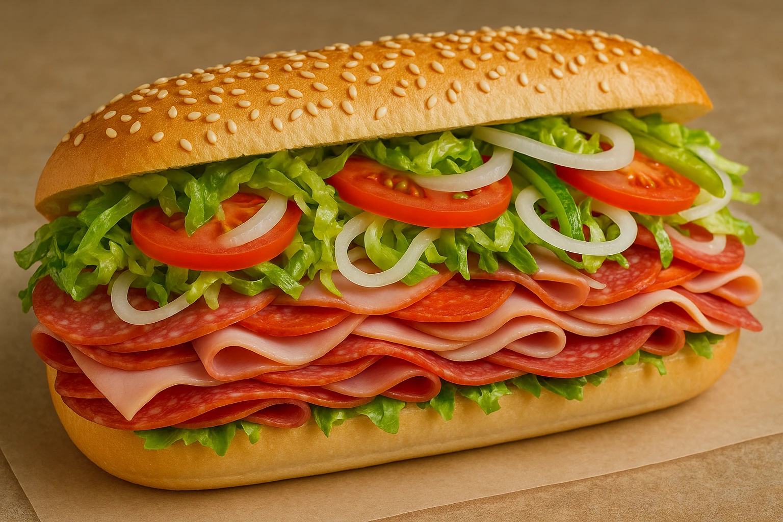 an Italian hoagie sandwich overflowing with meats and veggies, sesame seed bun, bright and inviting emoji