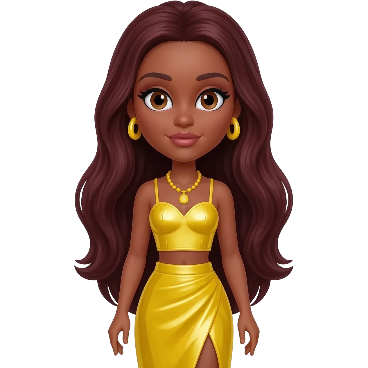 Sasha from Bratz with hazel eyes, long dark auburn hair, yellow metallic sweetheart crop top, yellow metallic assymetrical long skirt, yellow necklace and earrings emoji