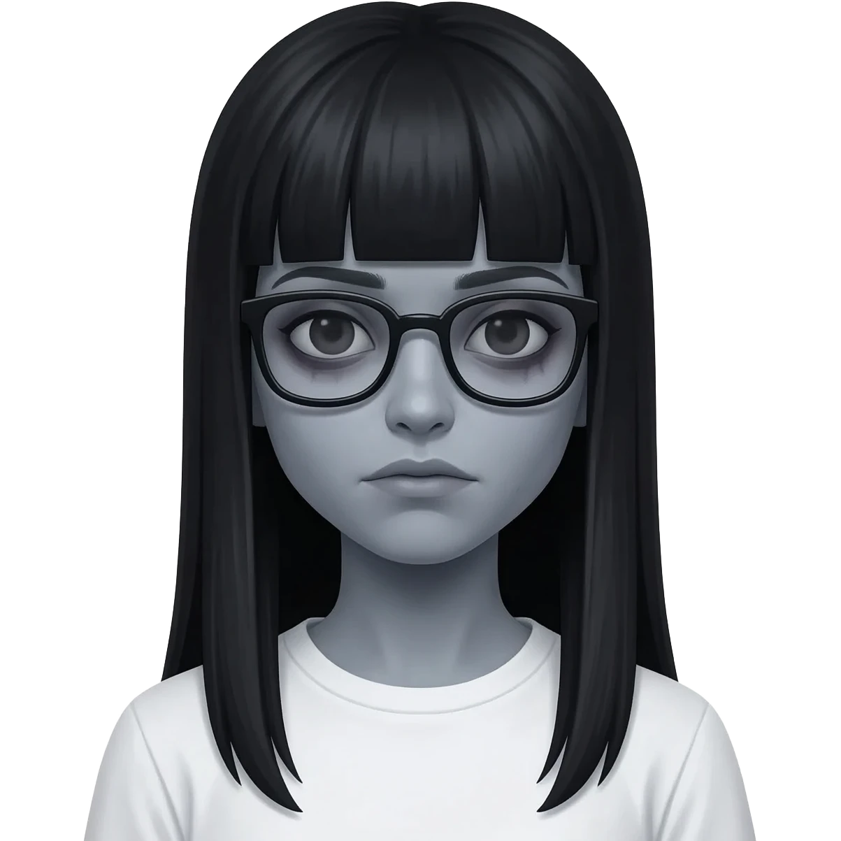 Zombie girl Memoji style, long straight black hair with bangs, grey skin, dark circles under eyes, wearing black glasses, simple white shirt, 3D render." emoji