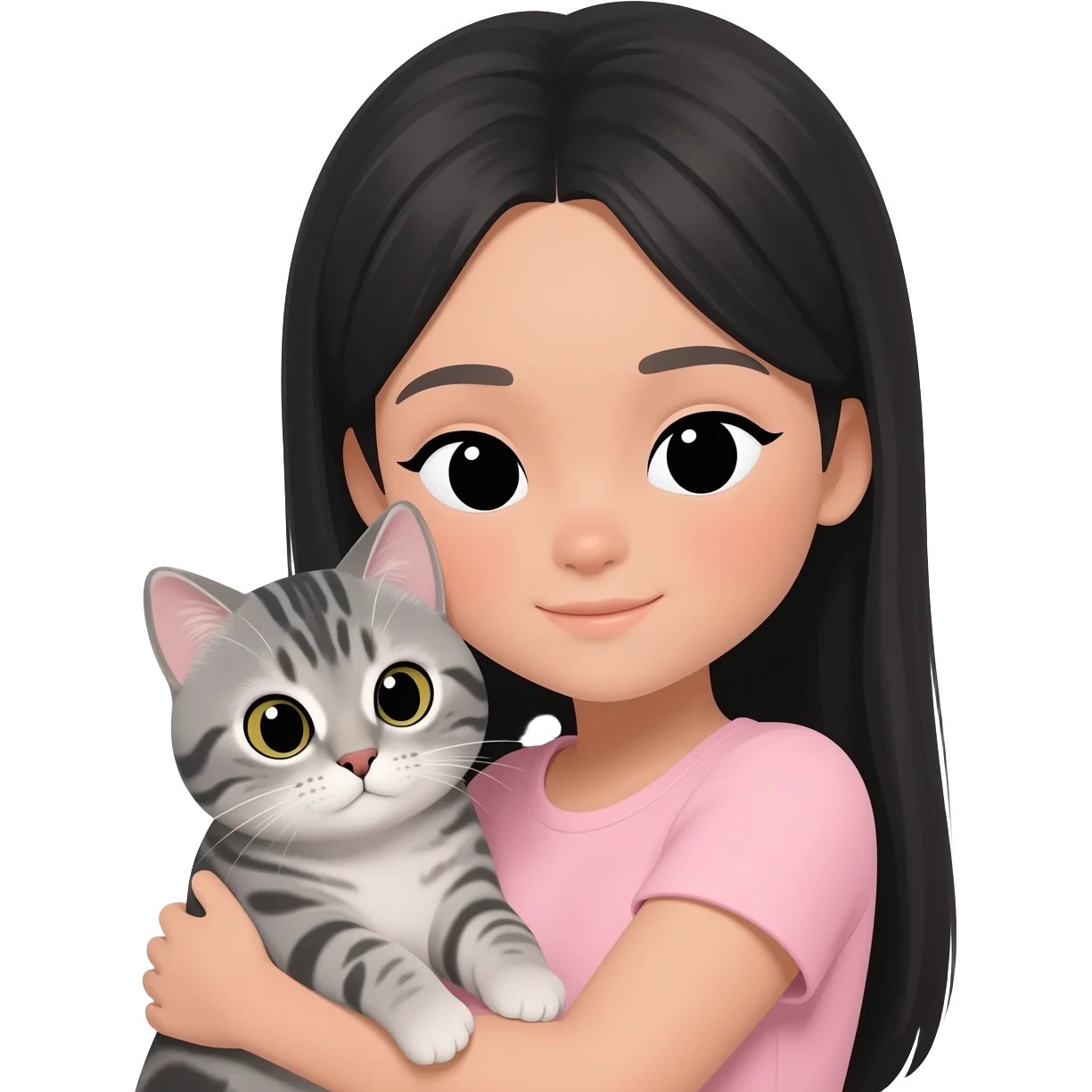 girl with long, straight black hair, beige skin, black eyes, and a pastel pink top, cuddling a grey tabby cat emoji