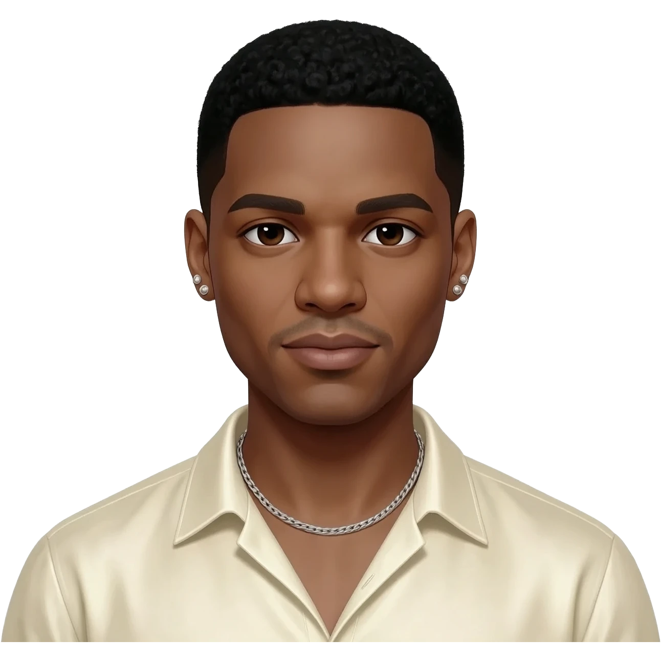 Usher with dark brown eyes, black hair, ivory metallic shirt silver necklace with short earrings emoji