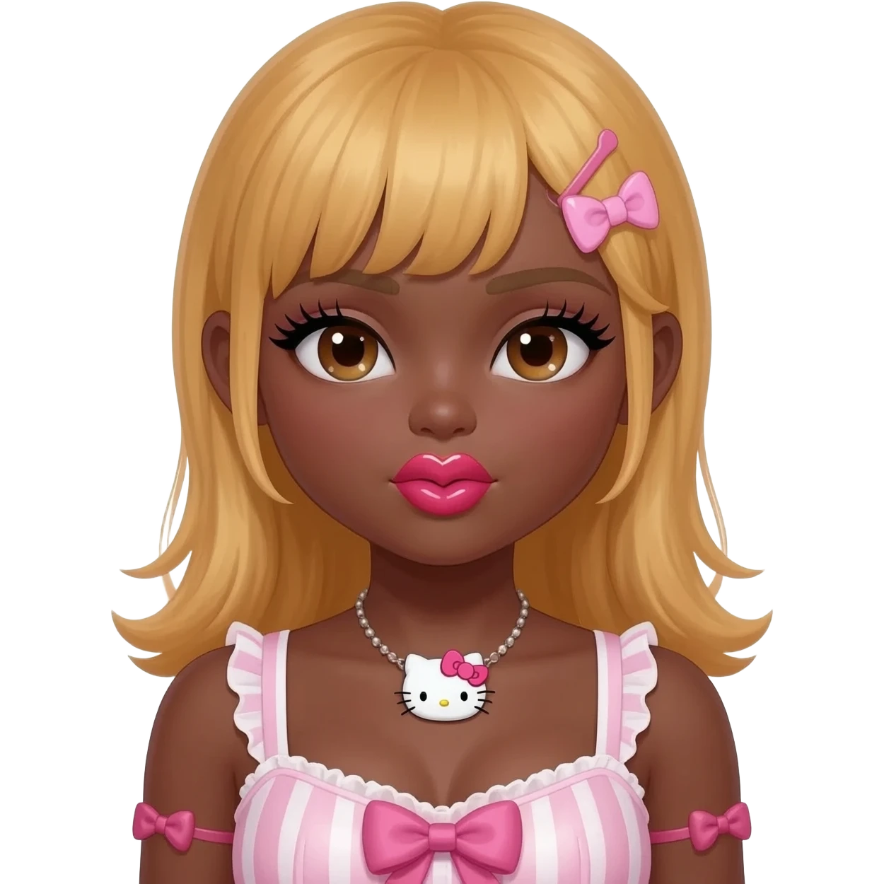 heart shaped lips, cute glossy lips, doll eyes with long lashes, dark brown skin, honey blonde hair, big chest, hello kitty necklace, one bow clip, bimbocore outfit emoji