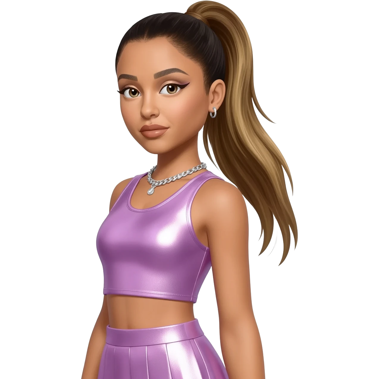 Ariana Grande with dark blonde ponytail hair, lavender pink metallic crop top, lavender pink metallic skirt, silver necklace emoji