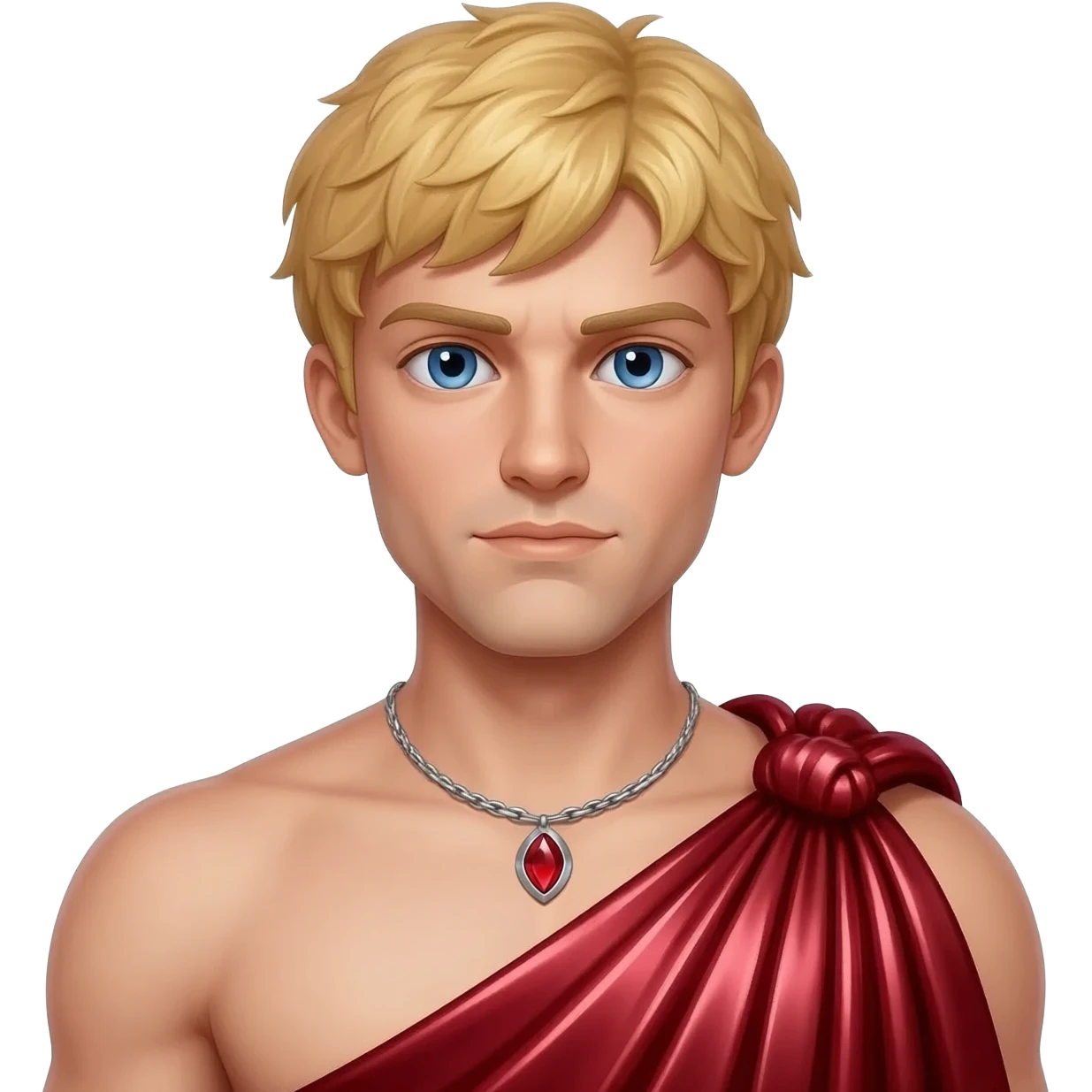 Eros from Greek Mythology with blue eyes, blonde hair, ruby red metallic toga, silver necklace emoji