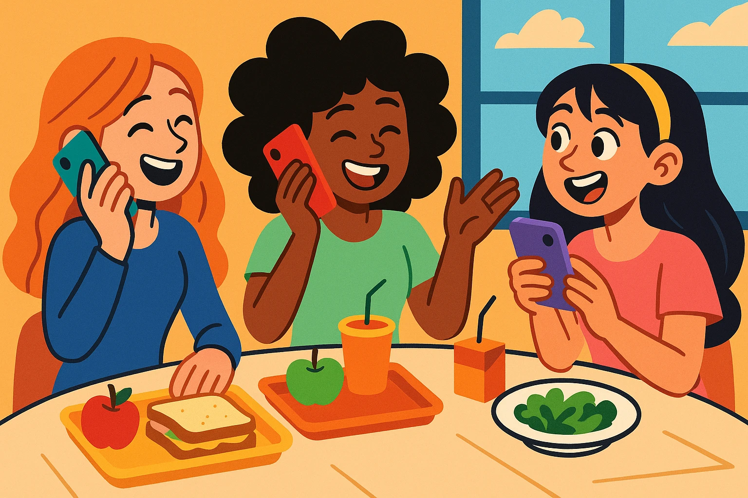 three girls chatting on their phones during lunch break, sitting at a table, animated and expressive, contemporary style, lighthearted mood emoji