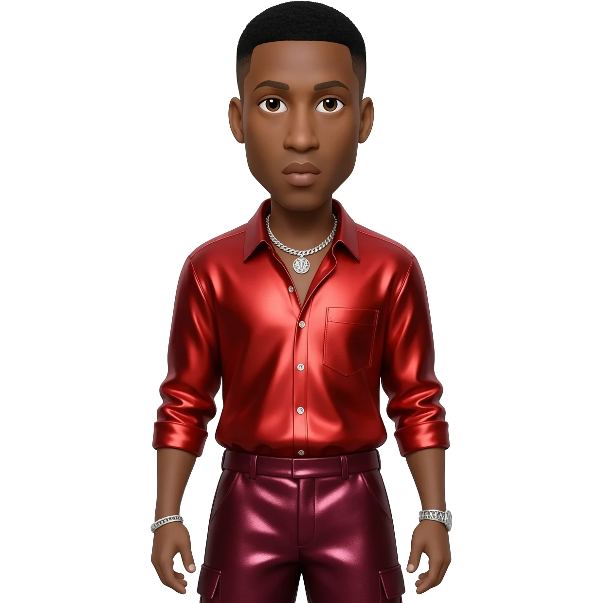 Ginuwine with black short hair, red metallic shirt, burgundy metallic baggy pants, silver necklace emoji