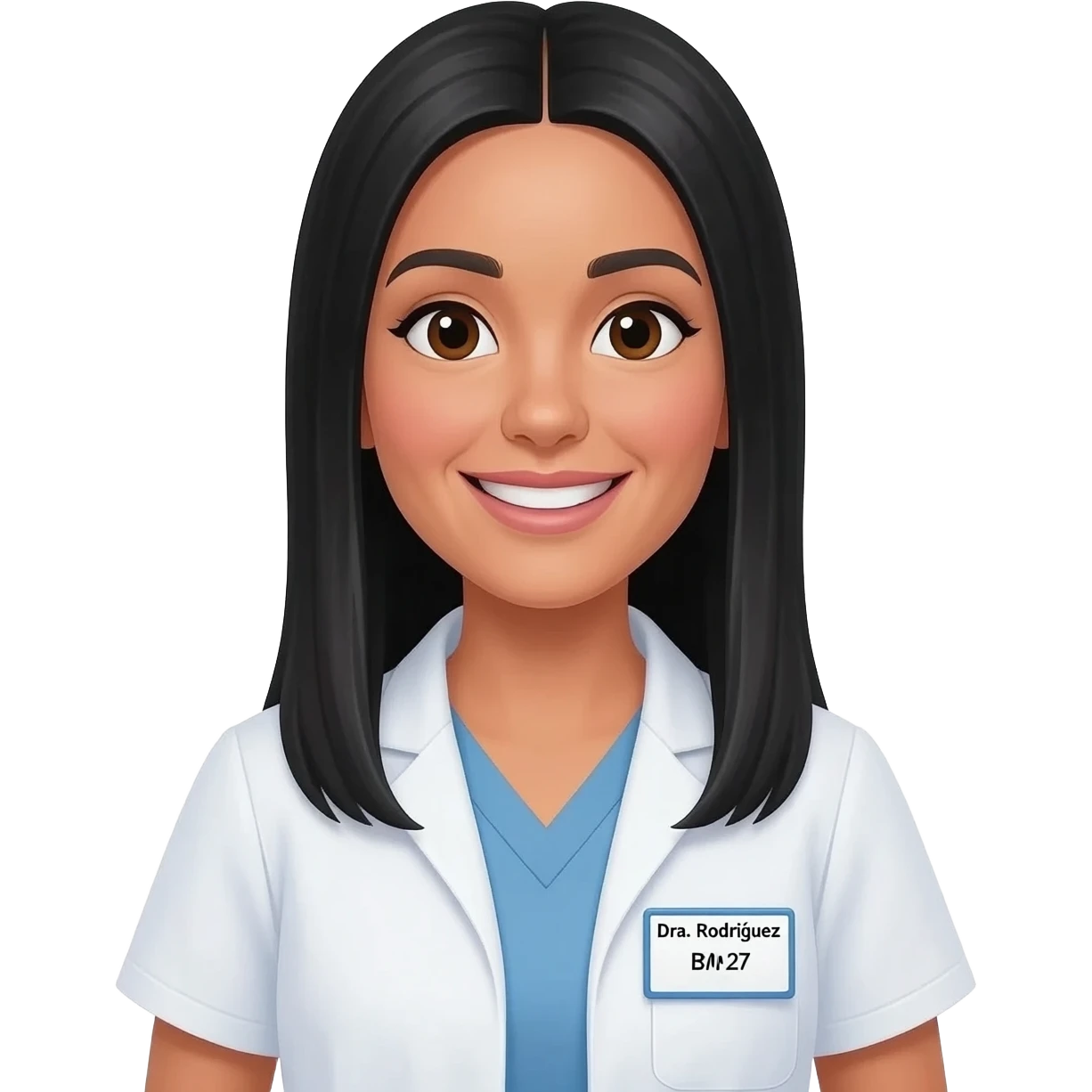 Smiling, doctor, woman, straight black long hair middle divided, latin, with a tag named Dra. Rodríguez, with a BMI of 27 emoji