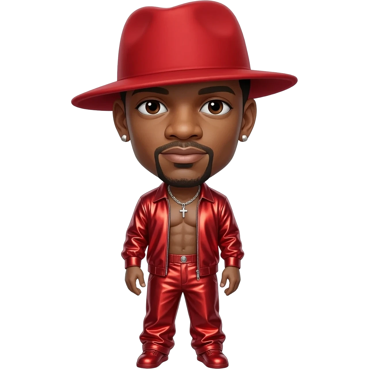 LL Cool J with dark brown eyes, red hat, red metallic open shirt, red metallic baggy pants shirtless with silver necklace emoji