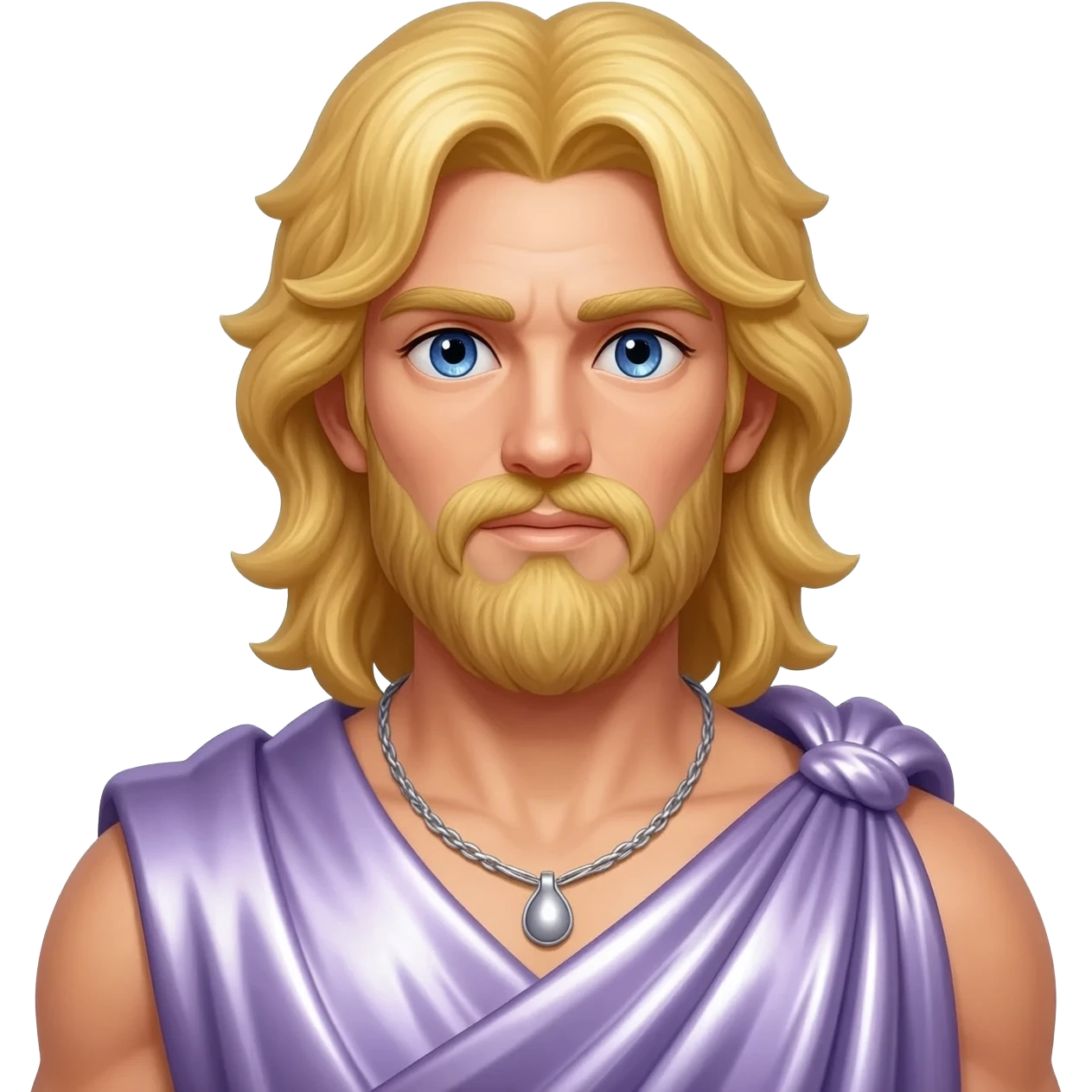 Zeus from Greek Mythology with blue eyes, long blonde hair, lilac metallic toga, silver necklace emoji