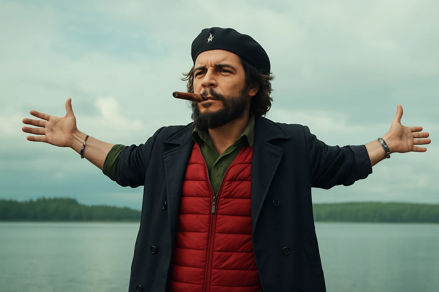 Сгенерируй мне в такой же позе и в такой же одежде Че Гевара и с сигарой в зубах, без надписей и слов emoji