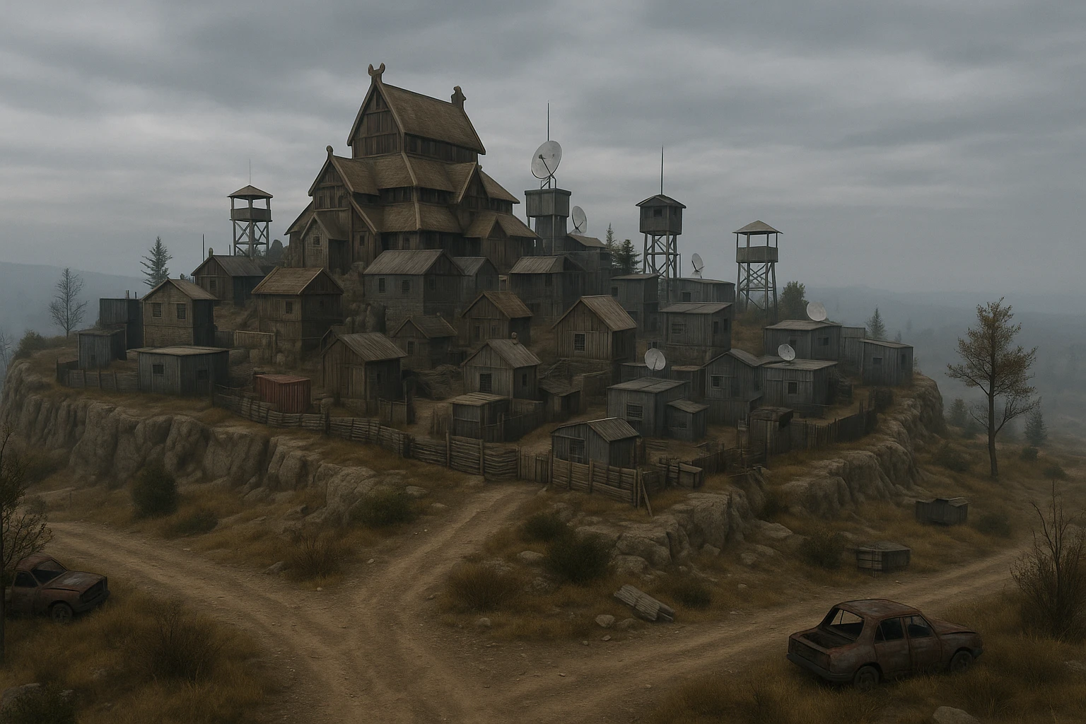A small hilltop mesa city in the videogame dayz, screensot, based on whiterun but with modern DayZ architecture  emoji