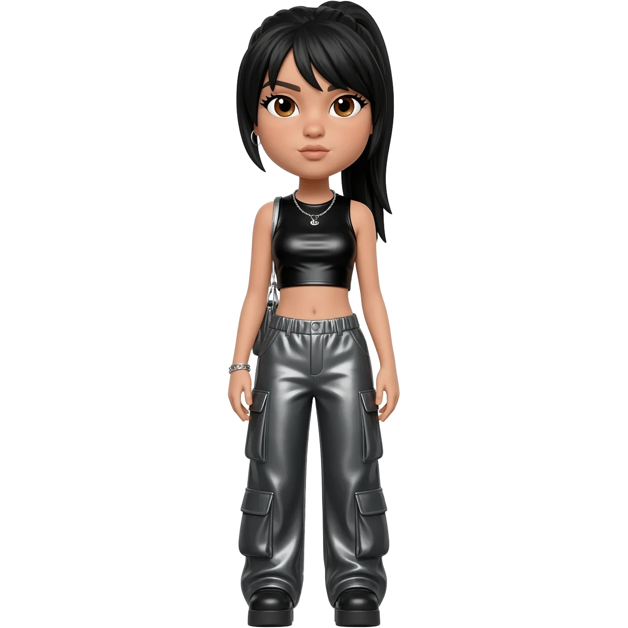 Left Eye from TLC with brown eyes, black ponytail hair, black metallic crop top, charcoal metallic baggy pants, silver necklace emoji