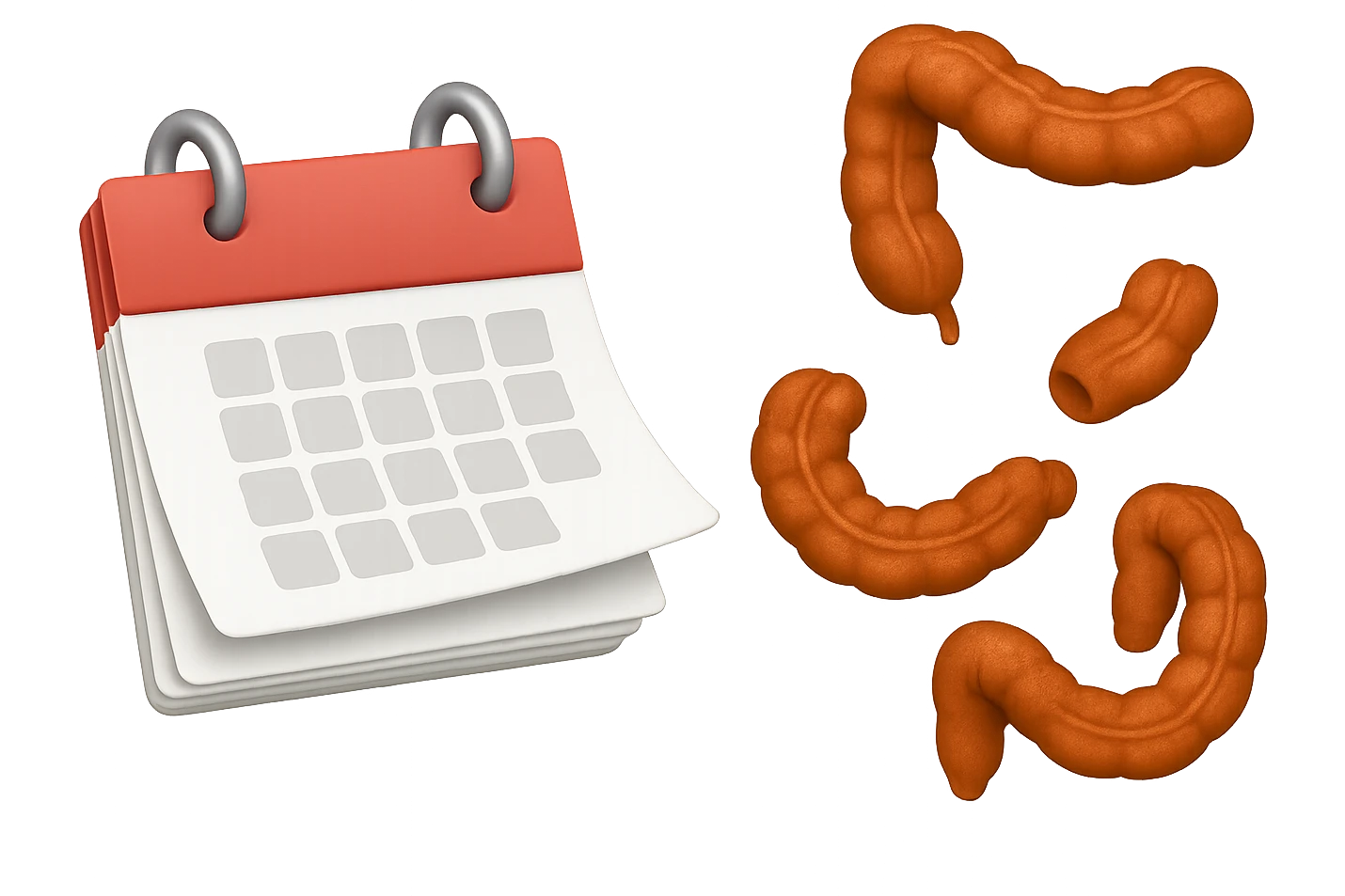 emoji stile iphone di un calendario con fogli che volano insieme a pezzi anatomici di colon umano, iperrealistico 4k, isolato su sfondo bianco emoji