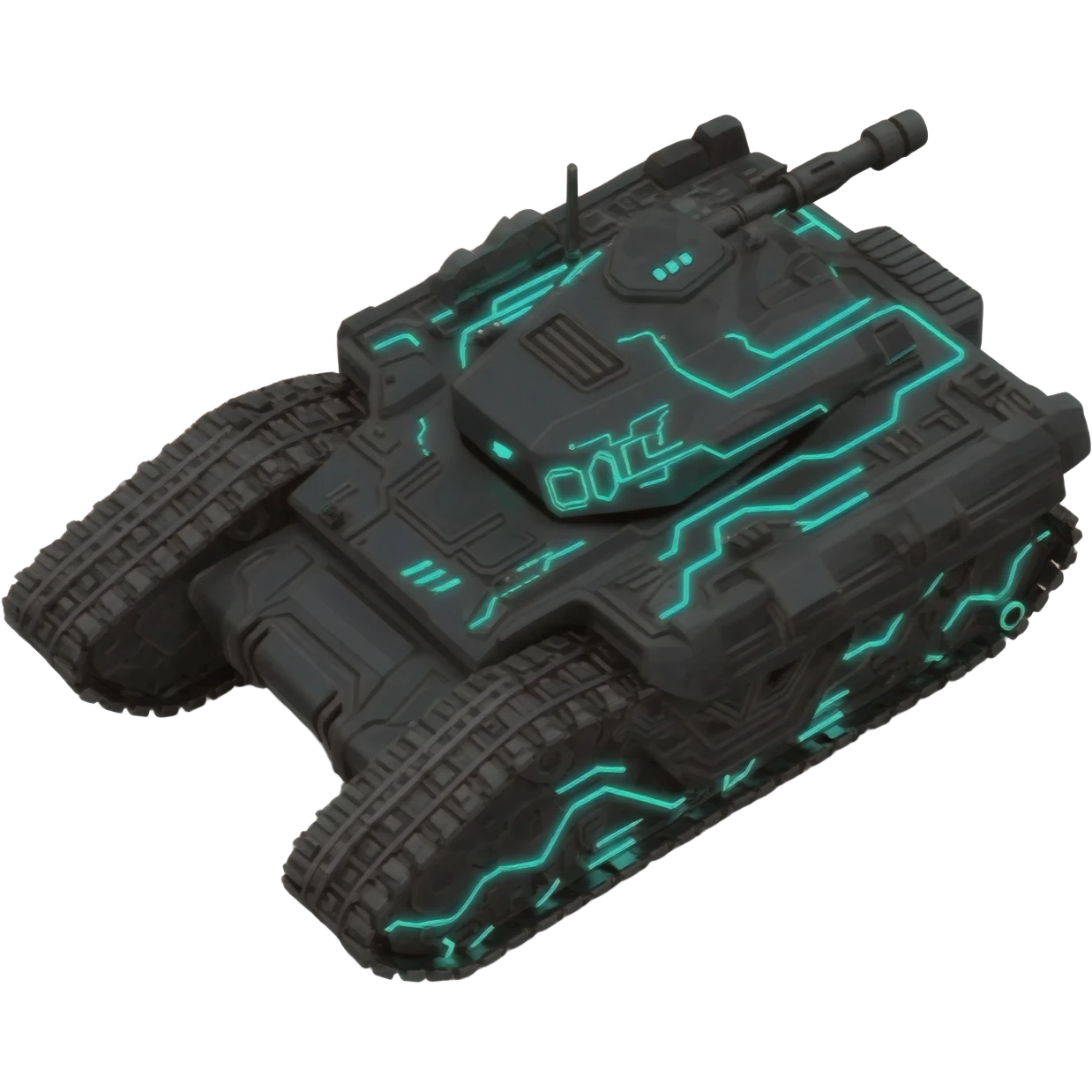 A top down view of a robot with tank tracks, in a cyber punk futuristic style far beyond what is currently available today, from the year 3000, the camera needs to be directly above the robot looking down emoji