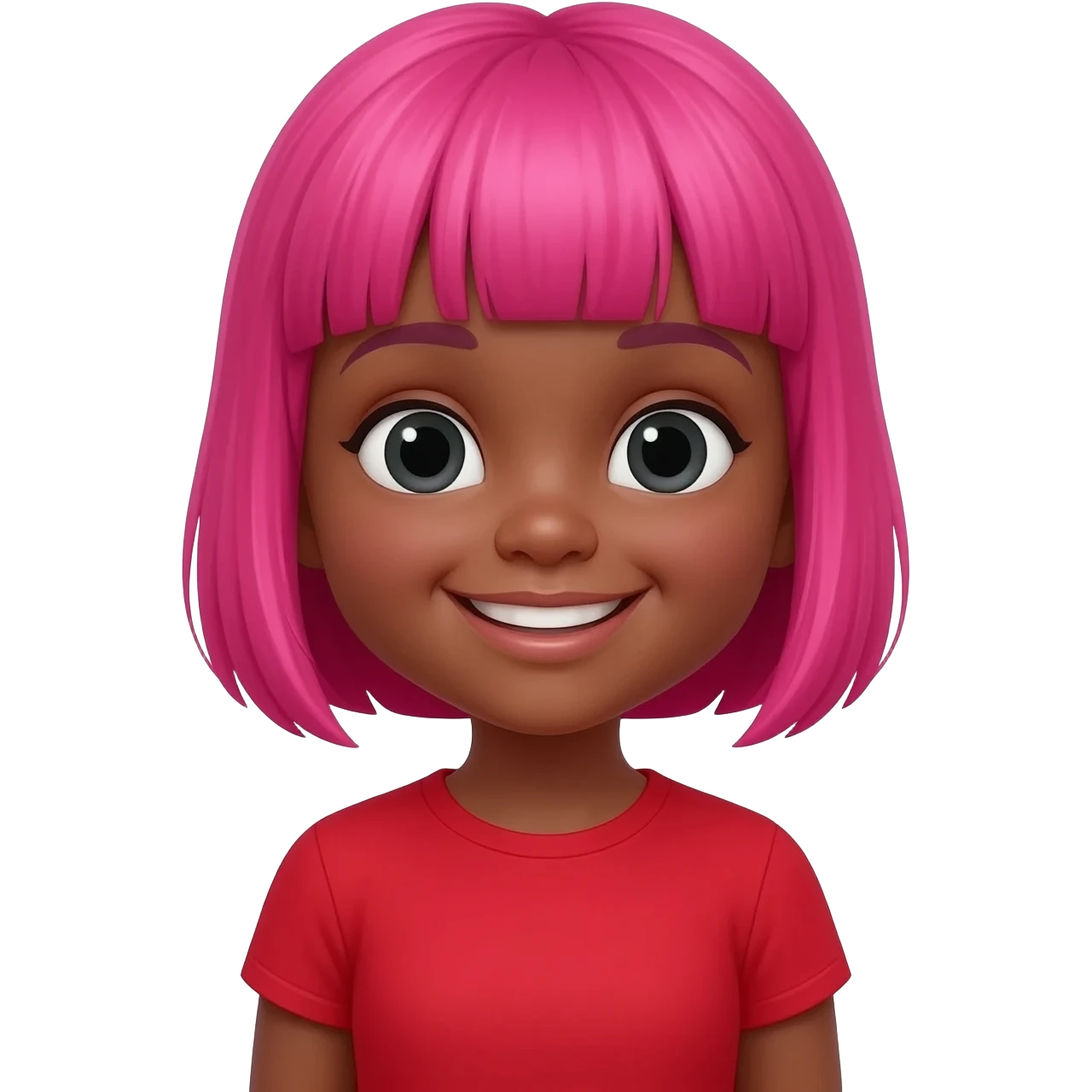 Black young girl hot pink bob hair cut with hot pink bangs With a red shirt emoji