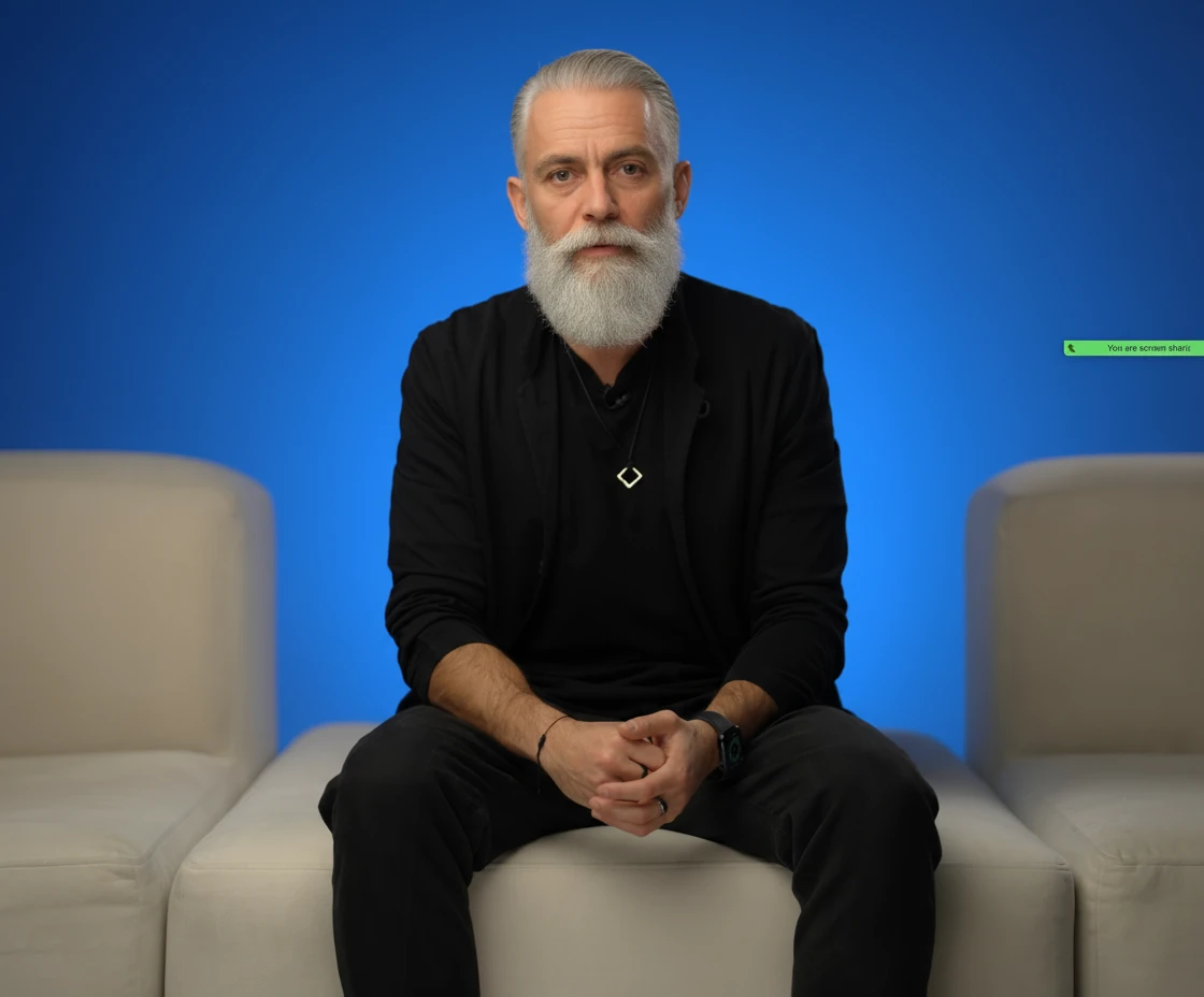 Состарь лицо этого человека, сделай седы волосы и добавь бороду, сохранив позу и все остальное emoji