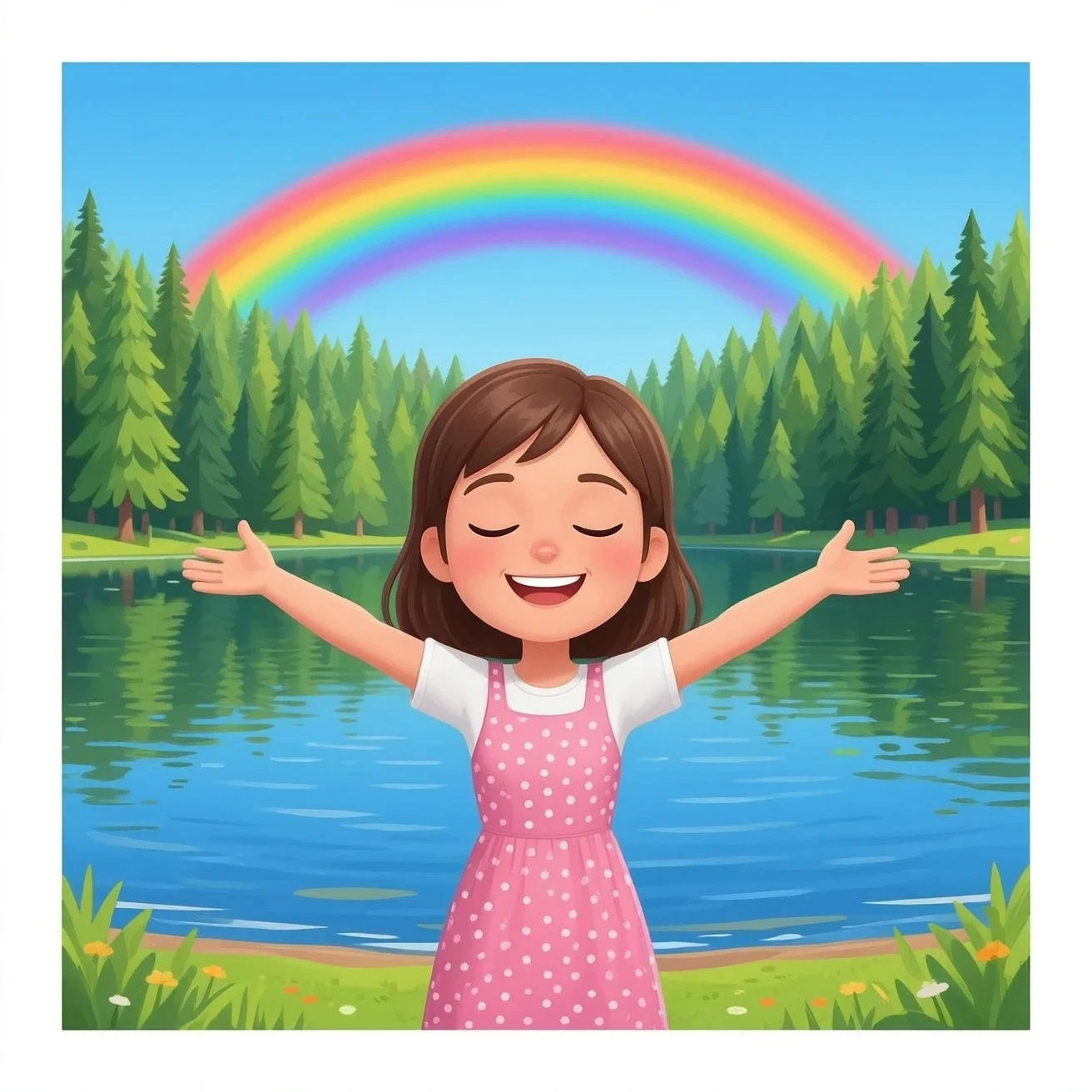 the girl spread her arms, closed her eyes, and smiled. She was happy. in the background, there was a rainbow, a lake, and a forest emoji