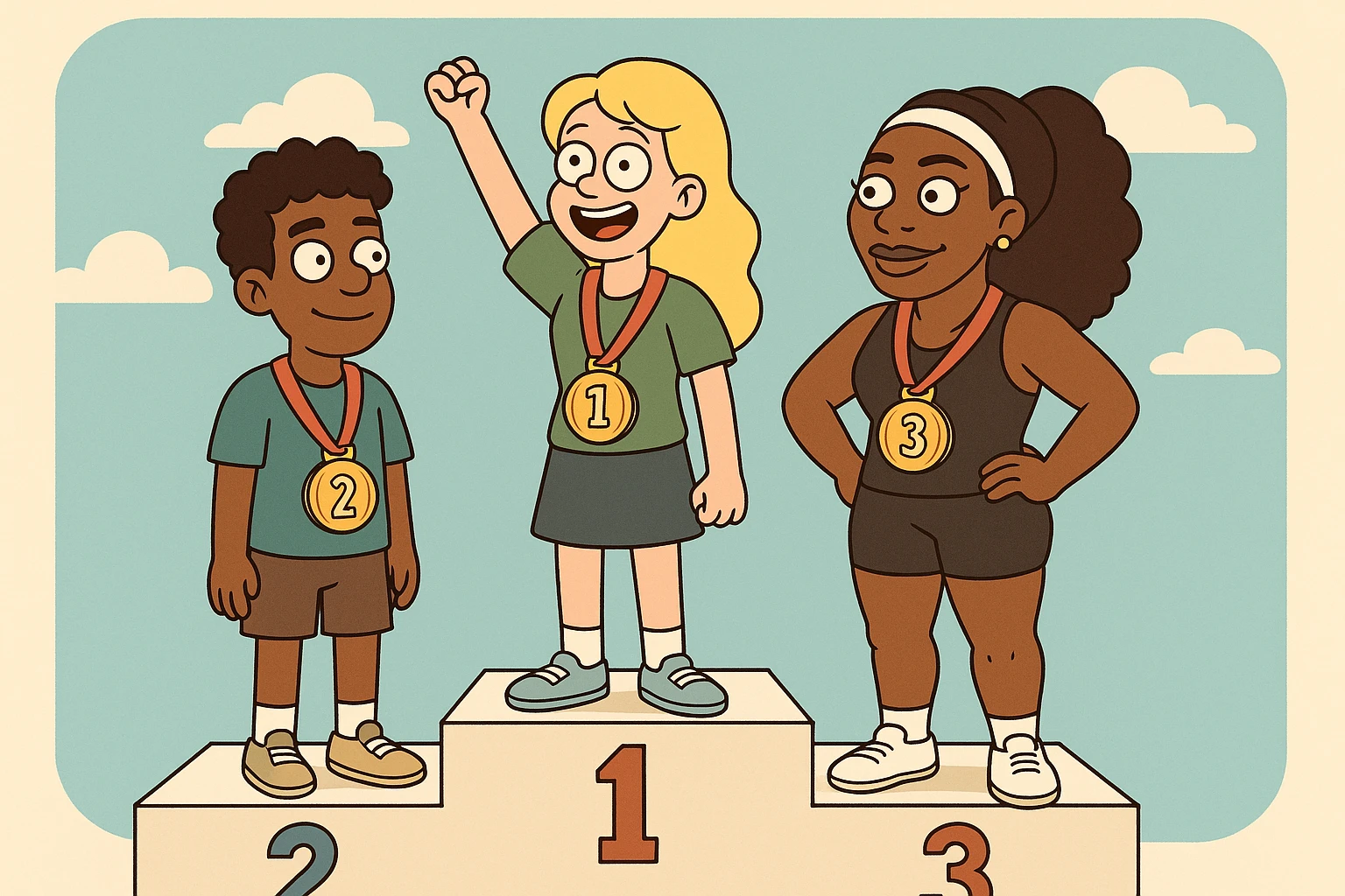 winners podium girl yellow hair Olympic Gold Medal a boy brown skin black Classic Curl hair Olympic Gold Medal Serena Williams Olympic Gold Medal  emoji