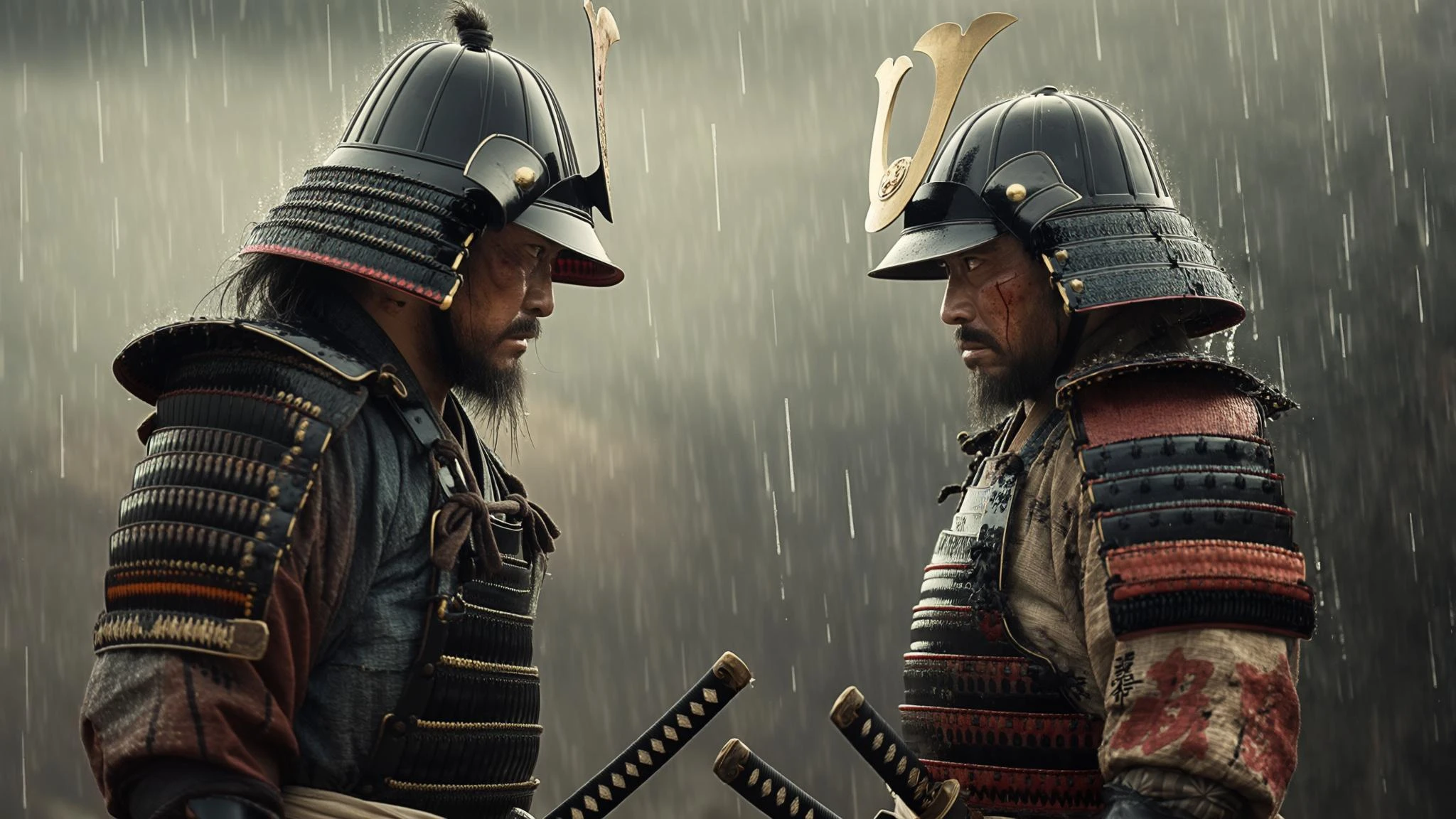 A cinematic scane from 1185, Wide shot of a two japan samurai face to face ready to fight during rain, deph composition, tense atmosphere, captured by by arri alexa, film directed by wes anderson emoji