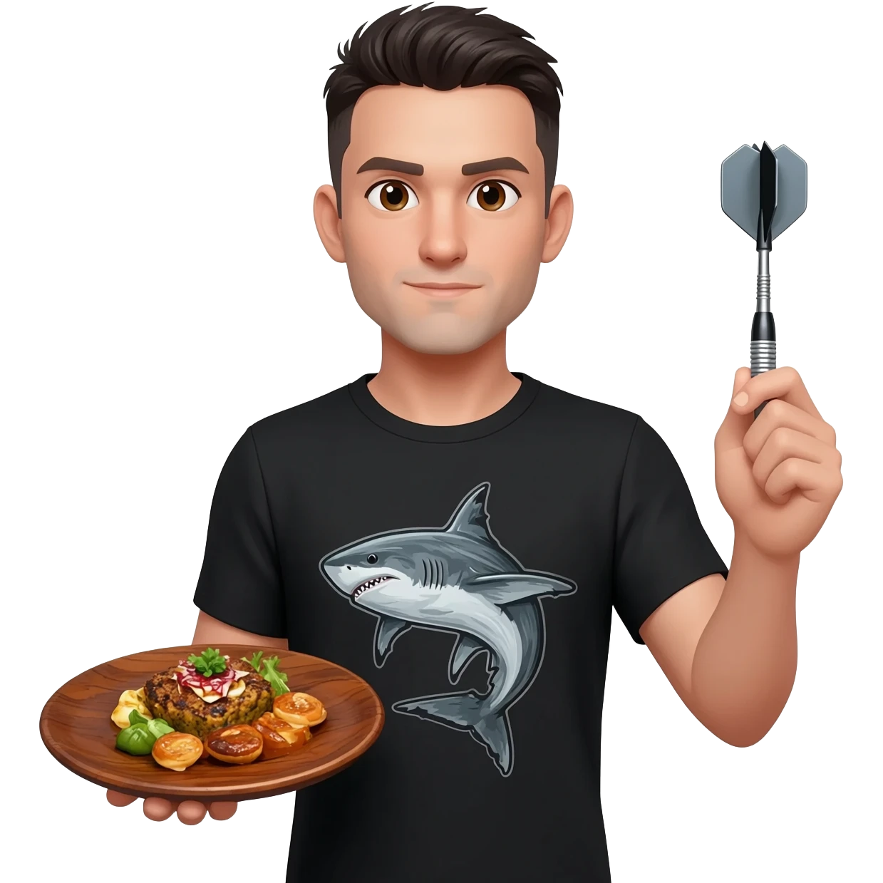 a handsome man wearing a t-shirt with a shark image on it.  He's holding great food on his left hand and a dart on his right hand emoji
