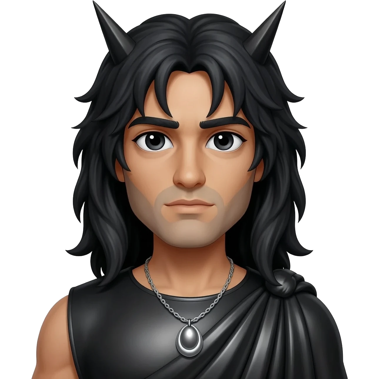 Hades from Greek Mythology with black eyes, long black hair, black metallic toga, silver necklace emoji
