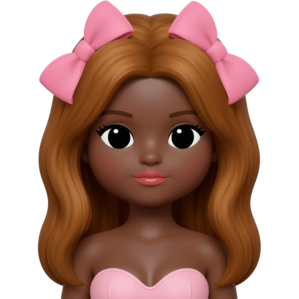 Doll, big chest, dark brown skin, honey brown hair, black cute eyes, pink bows with cute lips emoji