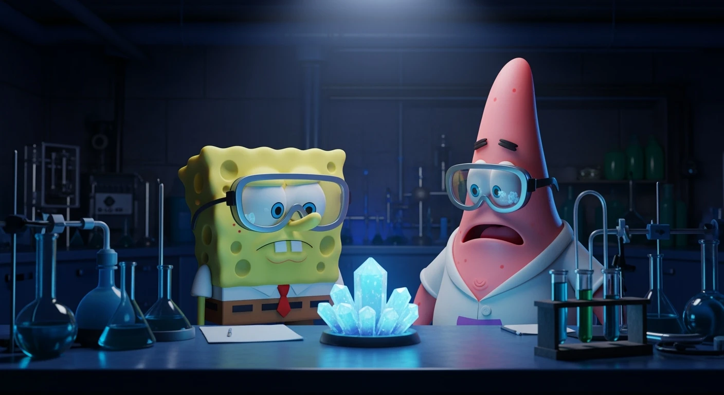 3D cienmatic cartoon shot, spongebob and patric dress in safety glasses and safe white outfit, the are standing front of table with blue crystals on table glowing (light source) science room in basement, back light, Cinema 4d render, proffesional lightning emoji