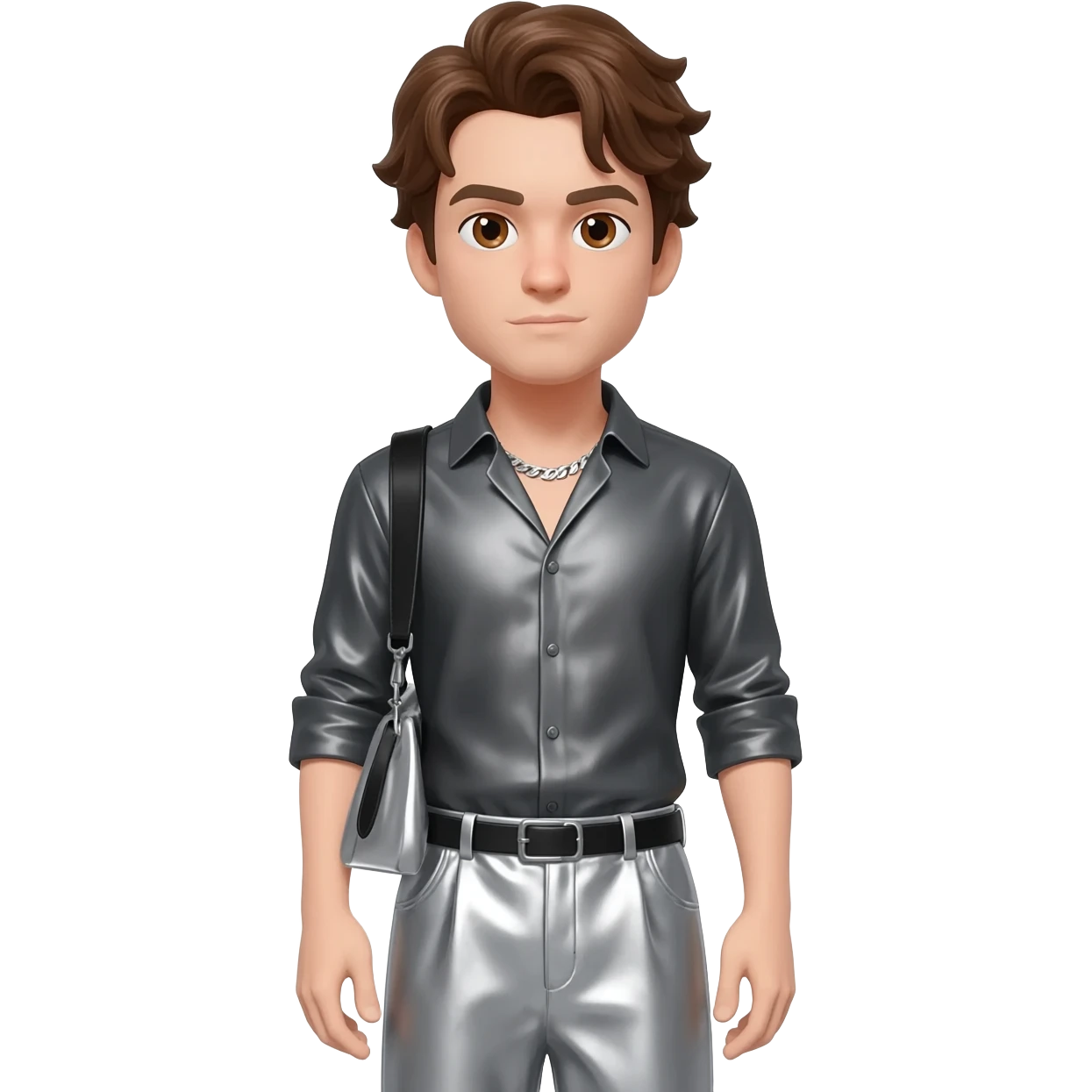 Peter Allen with brown eyes, brown hair, dark gray metallic shirt, silver metallic baggy pants, silver necklace emoji