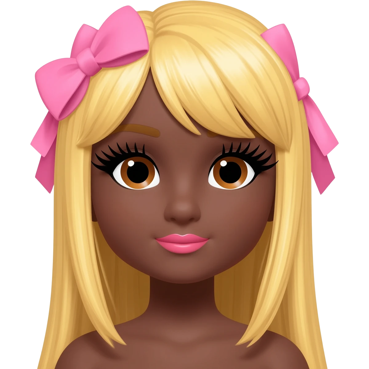 Doll with darkbrown skin with long blonde hair with pink bows, lashes, cute lips emoji
