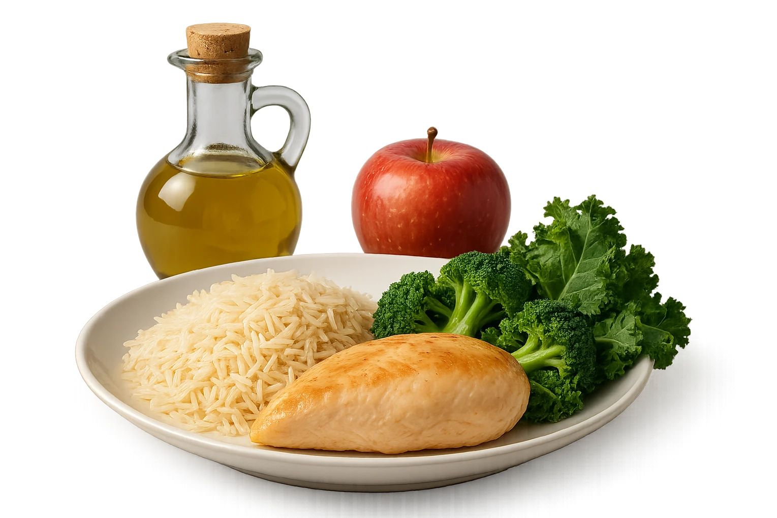 Riso basmati
Petto di pollo
Verdura fibrosa verde
Olio EVO
Mela
vista frontale, iperrealistico 4k emoji
