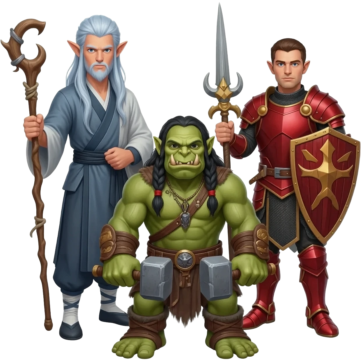 A male elf kungfu master with a staff and long silver blue hair, a male orc shaman with hammers in each hand, and a male elf paladin in red armor, as a group emoji