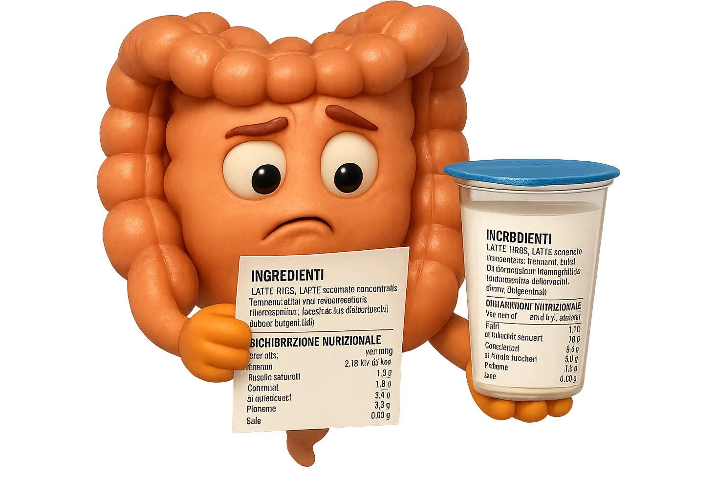 SU QUESTO STILE FAI UN EMOJI STILE IPHONE 3D DI UN INTESTINO CHE HA IN MANO UN BARATTOLO DI YOGURT CONFEZIONATO DA SUPERMERCATO E LEGGE L'ETICHETTA NUTRIZIONALE CON GLI INGREDIENTI IN ITALIANO, ACCANTO ALLO YOGURT CHE HA IN MANO C'è UN FOCUS SULL'ETICHETTA CON GLI INGREDIENTI SCRITTI, FAGLI UN ESPRESSIONE CONFUSA MENTRE LEGGE E FALLO MOLTO REALISTICO IN 3D emoji