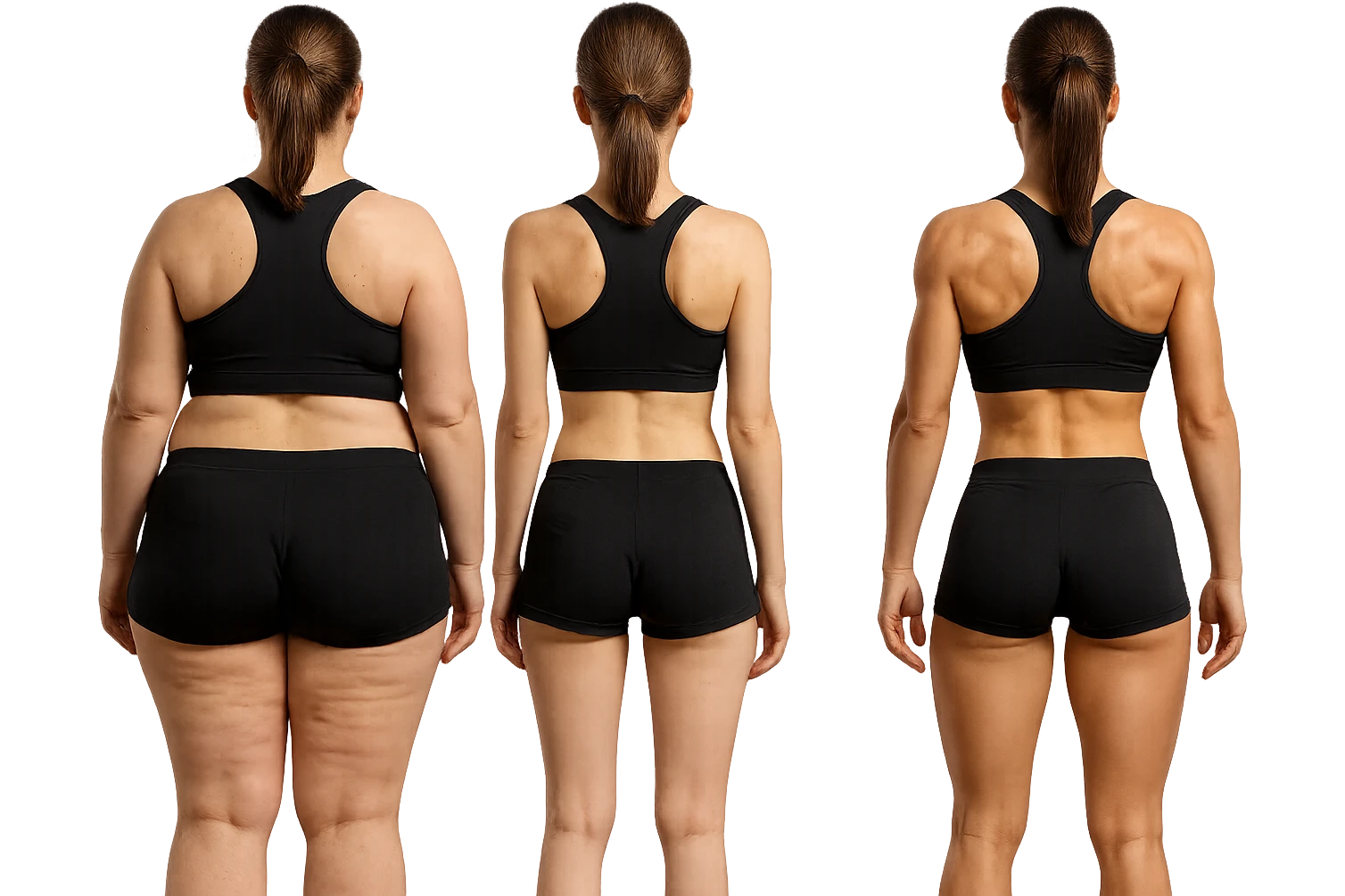 fai una donna di spalle in gym shorts leggermente sovrappeso e con cellulite e accanto una seconda donna di spalle magra (che è dimagrita post dieta) e accanto una terza donna in forma allenata e con le giuste proporzioni, l'immagine deve rappresentare il processo: da donna grassa, a donna piatta e magra, a donna allenata e in forma con i giusti muscoli, iperrealistico 4k emoji