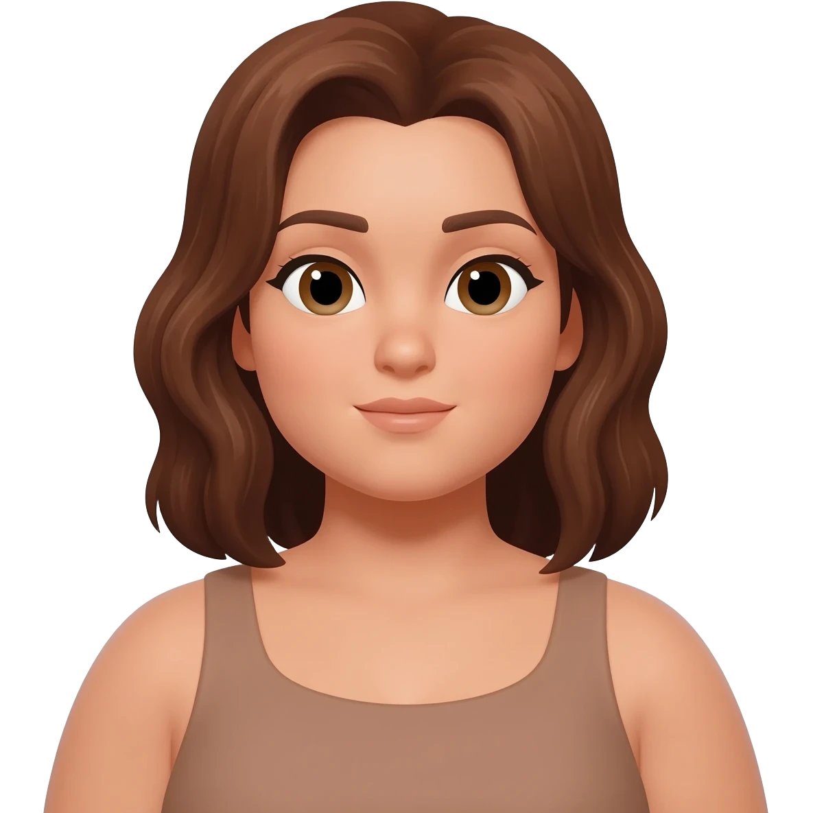 brown hair, lightly tan skin, bigger emoji