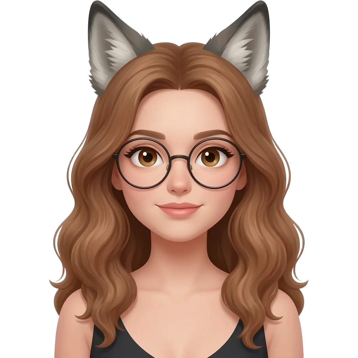 detailed emoji illustration of a woman with long light brown wavy hair and light brown eyes wearing round glasses, with wolf ears on top of her head, cute fantasy emoji style emoji