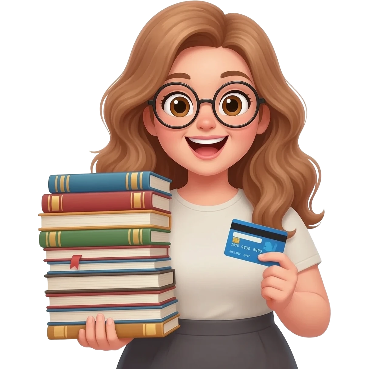 detailed emoji illustration of a curvy woman with long light brown wavy hair, light brown eyes and round glasses holding a big stack of books with a credit card in her hand, excited book lover expression, cute emoji style illustration emoji