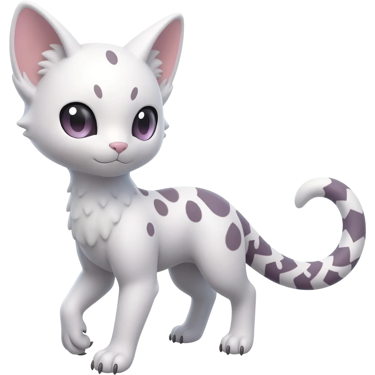 Cute realistic albino Minccino-Lykoi-Emolga-Pachirisu-Zangoose-fusion-hybrid-animal-Fakémon-creature, full body, thin long sleek scaly tail, intricate markings emoji