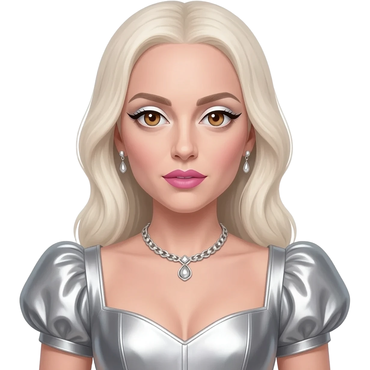 Lady Gaga with hazel eyes, long platinum blonde hair, white eyeshadow, pink lipstick, silver metallic queen anne dress, silver necklace and earrings emoji