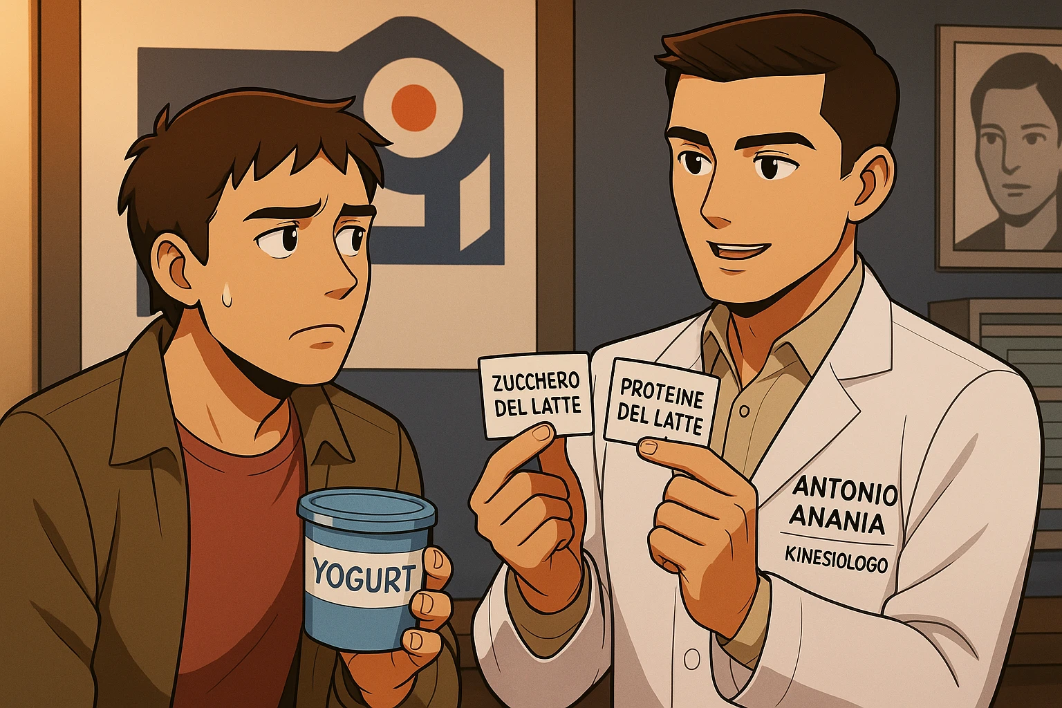 fai un webtoon manga a colori con questo stile, in cui un uomo ASCOLTA Il kinesiologo con il camice bianco (fagli anche la scritta "ANTONIO ANANIA" SUL CAMICE, IL KINESIOLOGO SPIEGA ALL'UOMO UNA COSA TENENDO DUE FOGLIETTINI IN MANO, UNO CON LA SCRITTA "ZUCCHERO DEL LATTE" E UNA CON LA SCRITTA "PROTEINE DEL LATTE". L'UOMO OSSERVA LO YOGURT CHE HA IN MANO CON ESPRESSIONE DUBBIOSA IN VOLTO. non fare i fumetti però, fai solo in modo che sembri stiano parlando emoji