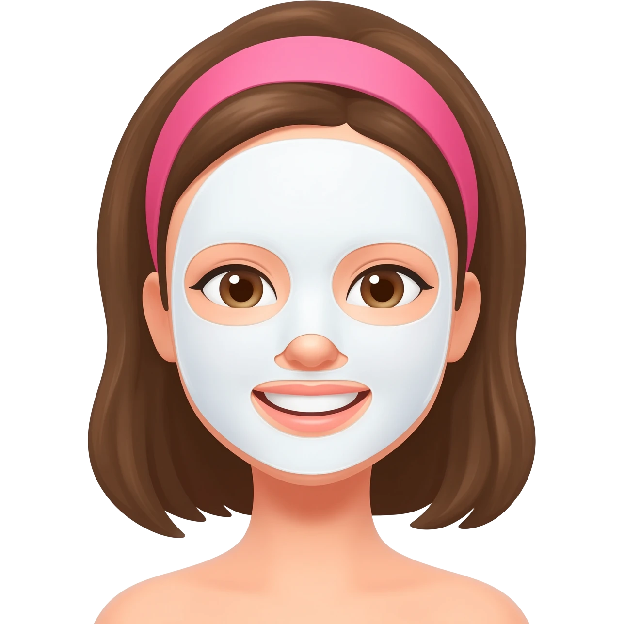 A smiling woman with brown hair, wearing a pink headband, wearing a white sheet mask, simple emoji style, flat 2D render, pastel colors, white background emoji