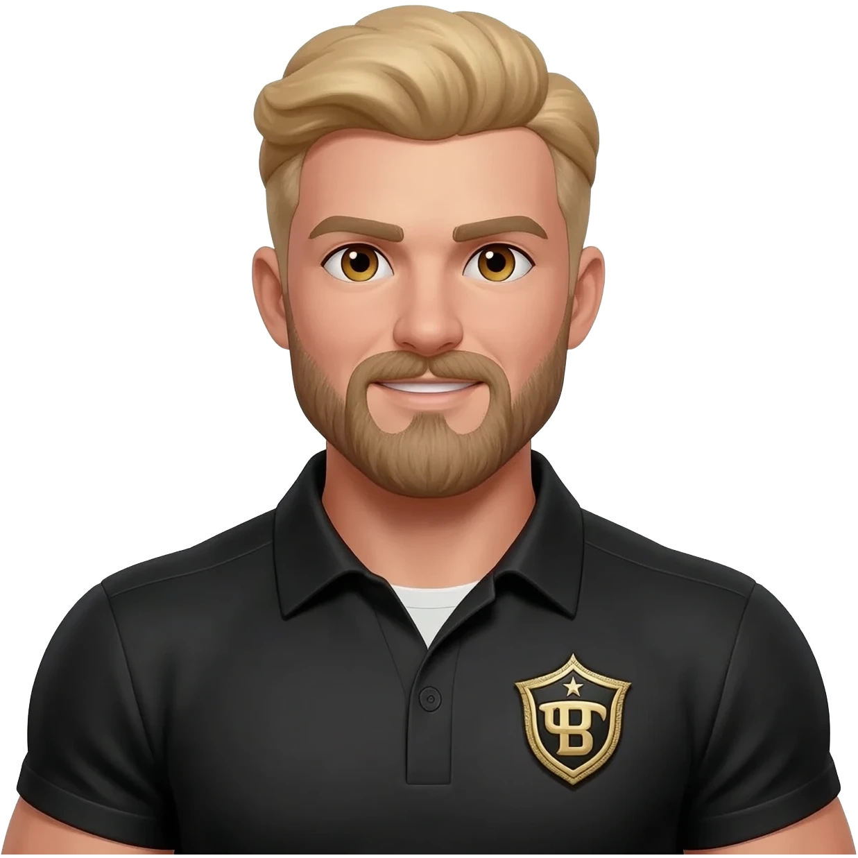 anime style male avatar portrait, athletic build, light blond hair, large thick mustache, confident friendly expression, golden brown eyes, black uniform with team, clean lines, bright colors, simple background, soft lighting, high detail emoji