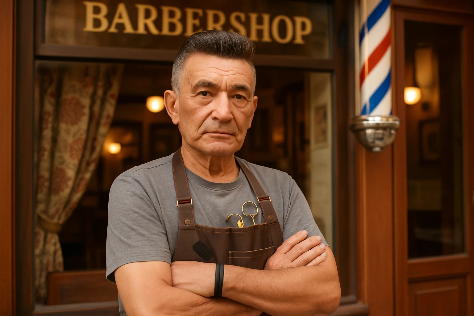 huddi shu odamni qariroq va soqolsiz tasvirlab ber o'zgartirib realistik qilib orqa fon sartaroshxona belidan sal pastroqqacha uzbek sartaroshi juda ham qari emas lekin yosh ham emas emoji
