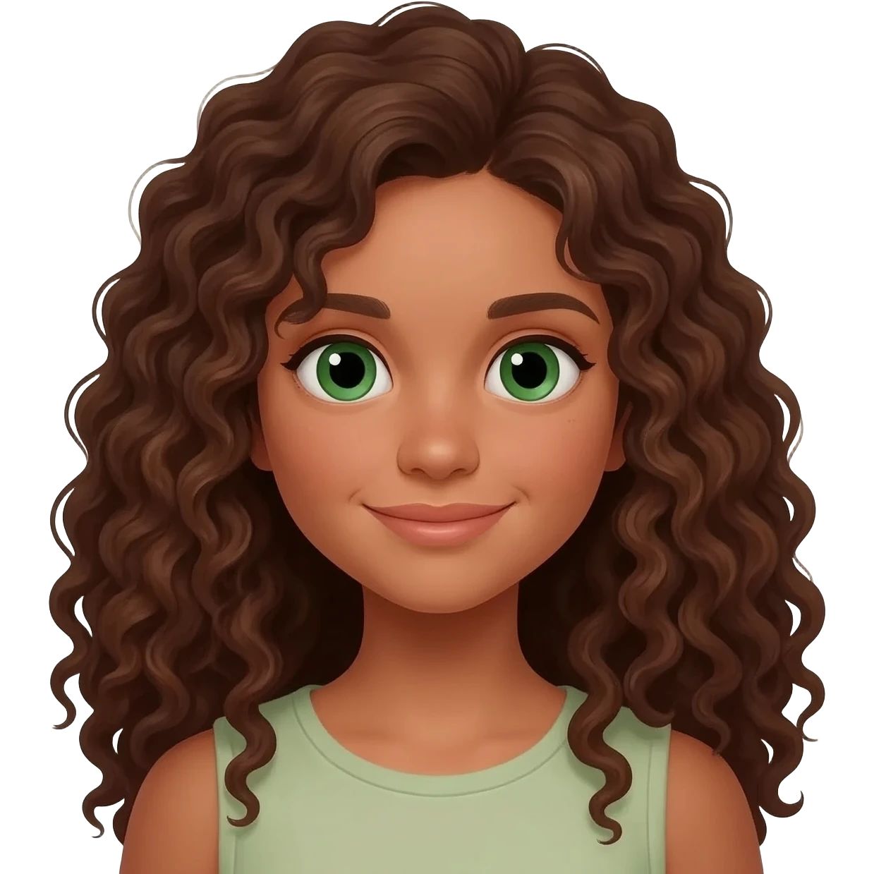 A tan girl with long curly brown hair and green eyes emoji