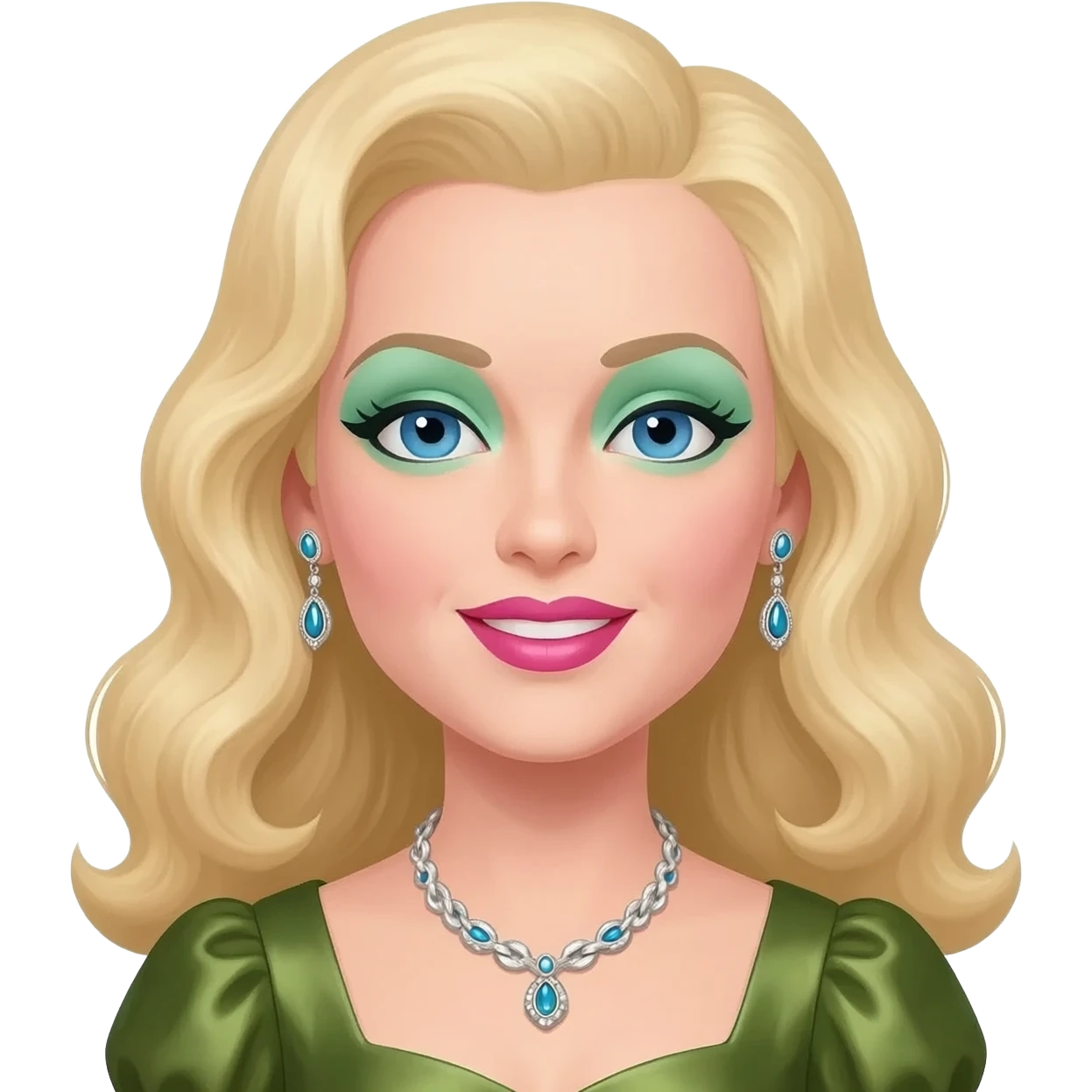 Patty Andrews from The Andrews Sisters with sapphire blue eyes, long blonde hair, light green eyeshadow, pink lipstick, olive metallic queen anne dress, silver necklace and earrings emoji