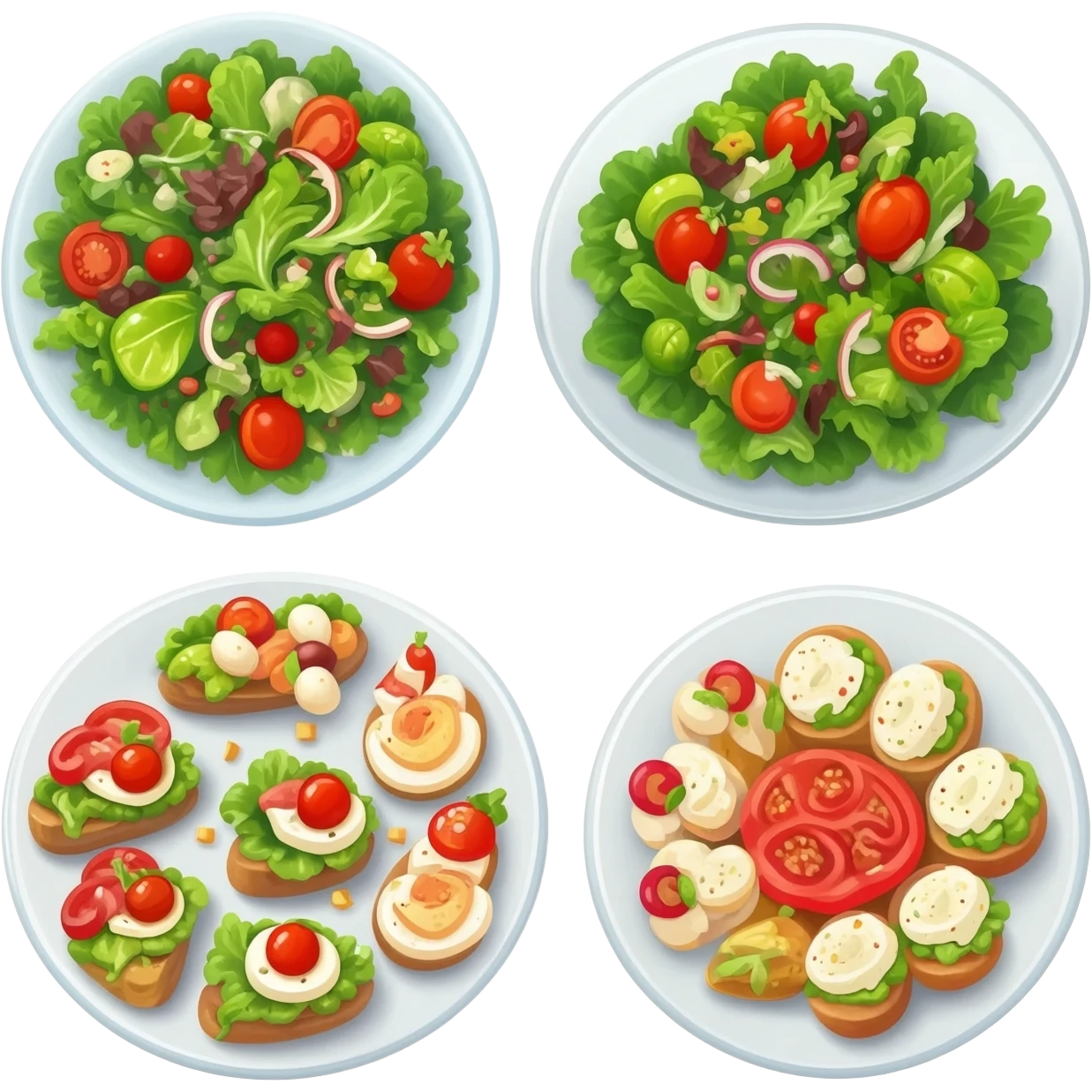 a few plates of salad and cold appetizers, looking unapplealing emoji