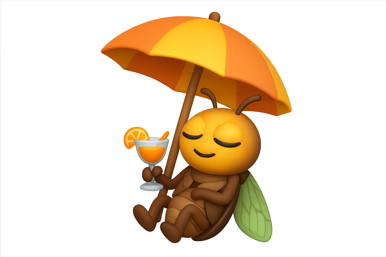 EMOJI STILE IPHONE 3D DI UNA CICALA CHE STA RILASSATA SEDUTA SOTTO L'OMBRELLONE CON UN COCKTAIL IN MANO emoji