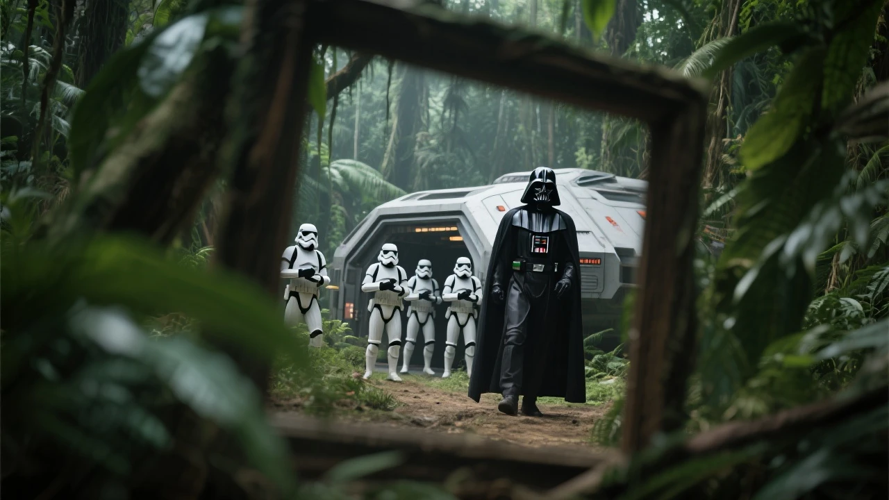 cinematic still, Closeup shot, amazon jungle,  blurred plants in the foreground (frame within a frame), Darth Vader around stormtroopers coming out from starship on ground, they are exploring the jungle, inspired by StarWars movie, captured by arri alexa emoji