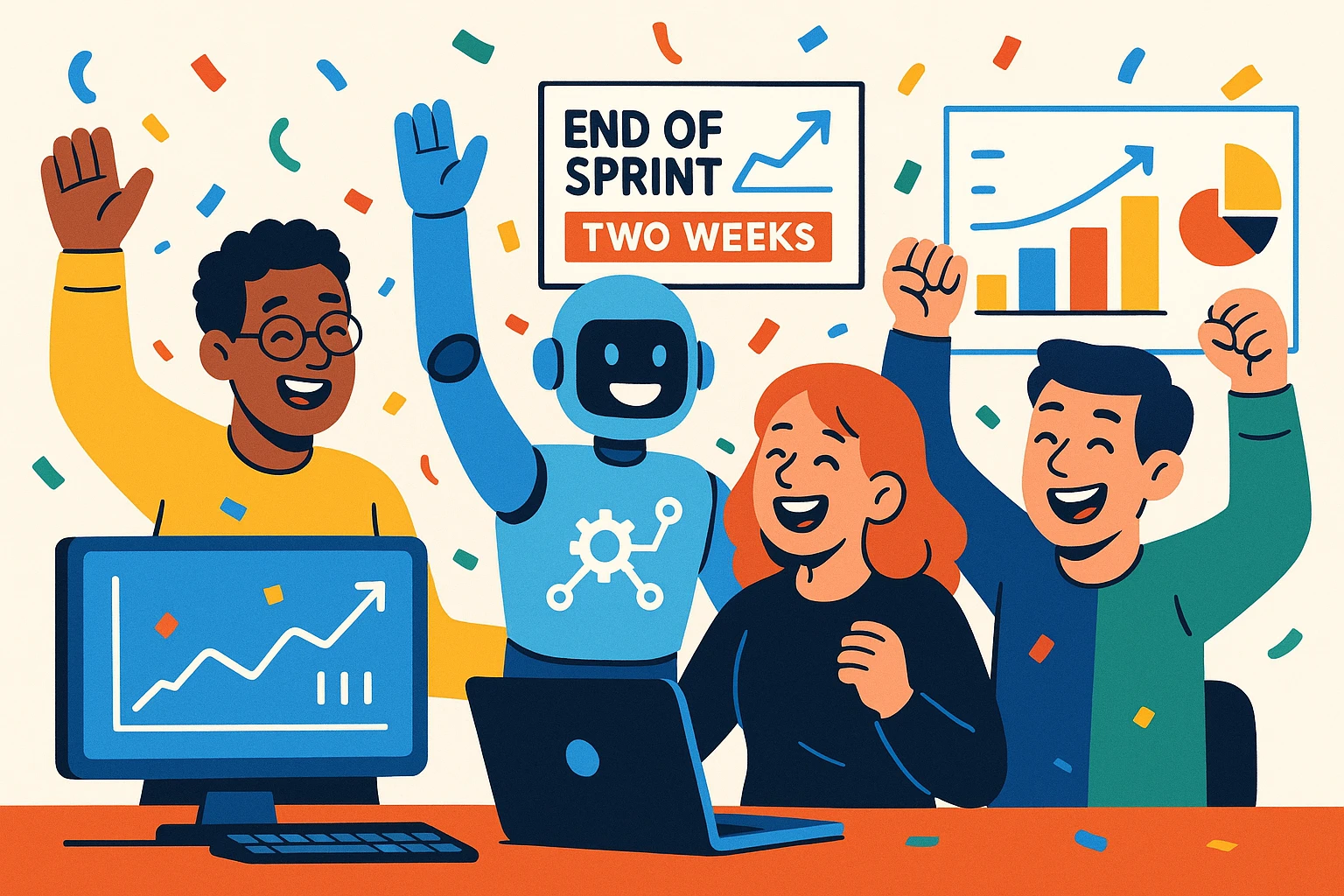 équipe IA et machine learning célébrant la fin d'un sprint de deux semaines, ambiance joyeuse, membres souriants, éléments technologiques comme ordinateurs et graphiques, style illustration moderne, couleurs vives emoji